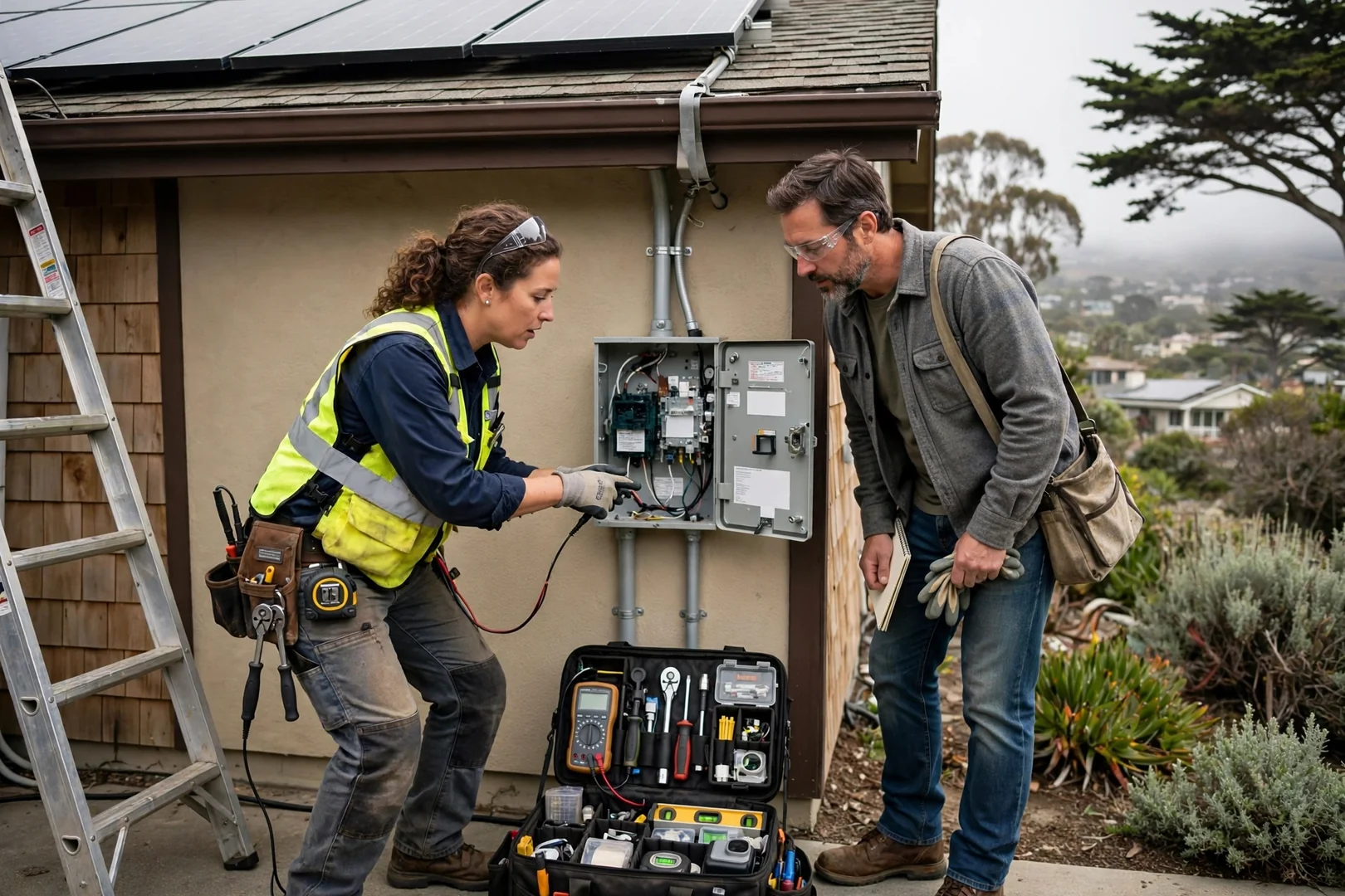 Technician testing string voltage on a residential rooftop solar array in Santa Cruz