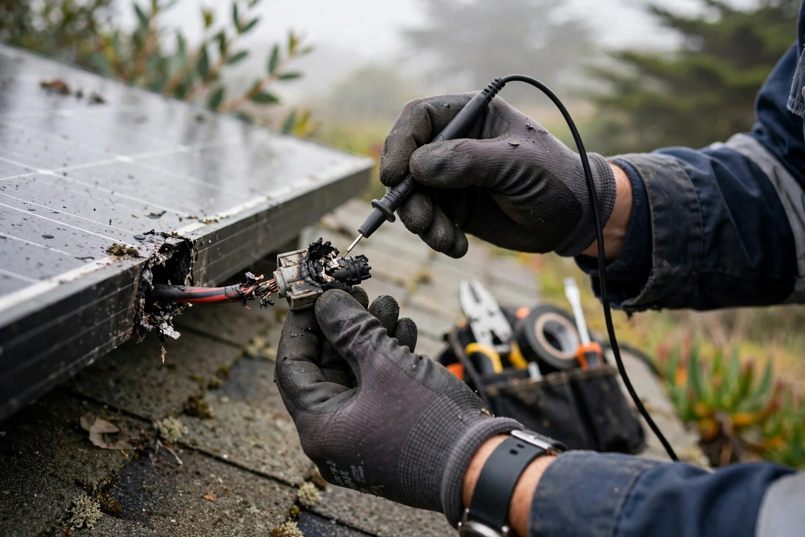 Soiled solar modules with salt residue on a coastal home