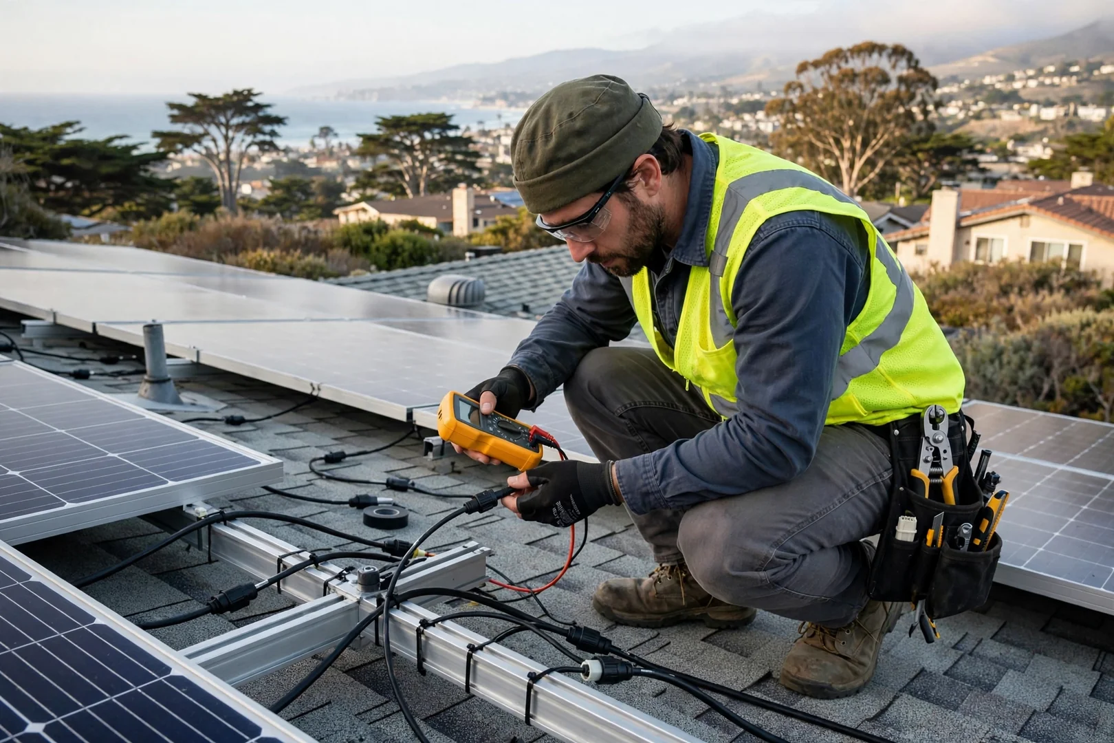 Solar technician inspecting panel connectors on a Santa Cruz rooftop array